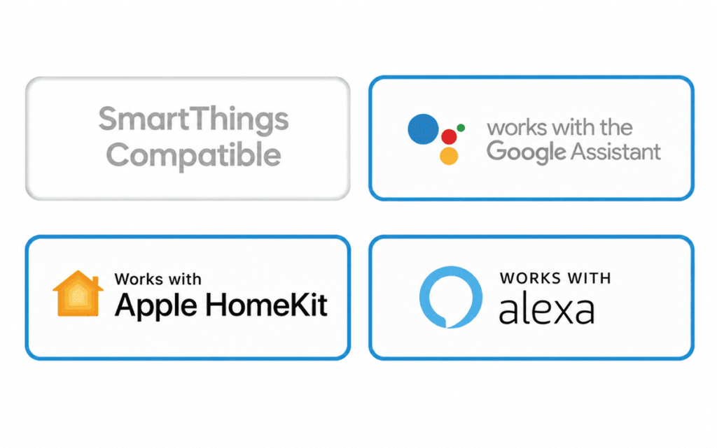 Logotipi SmartThings, Google Assistant, Apple HomeKit i Alexa sistema kompatibilnih sa iSmartGate rešenjem.